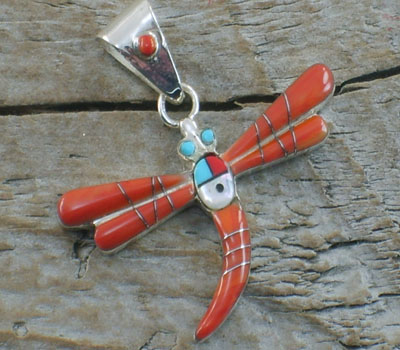  Dragonfly Pendant Coral Inlay-Southwest